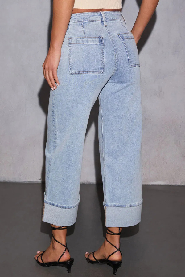 Stylish High-waisted Pocket Casual Stretch Wide-leg Jeans