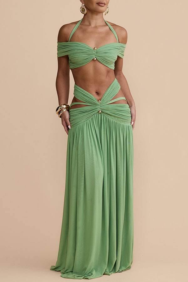 Green Off Shoulder Halter Ruched Two Piece Maxi Skirt Set Sexy Cut Out Resort Dress | Consonak