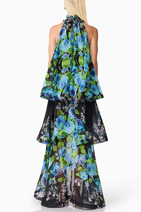 Briony Georgette Fabric Floral Print Pleated High Neck Tiered A-line Maxi Dress