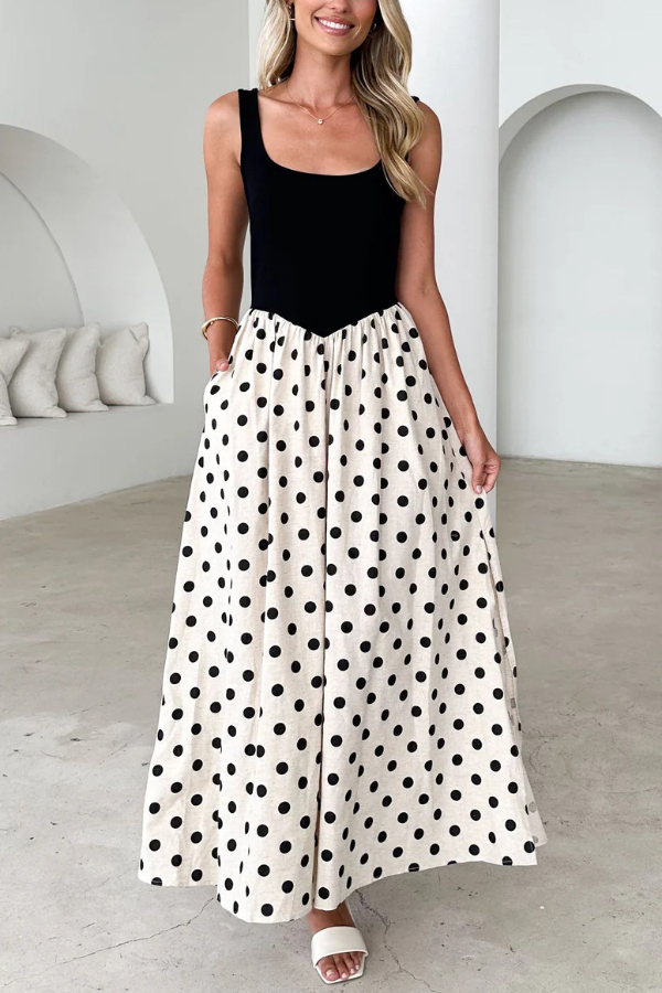Black and White Color-blocked Polka Dot Print Sleeveless Casual Pocket Maxi Dress | Consonak