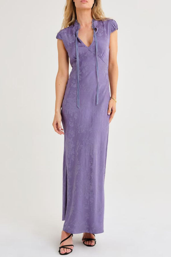 30s-inspired Satin Jacquard Floral Print Ruffle Velvet Bow Neck Short Sleeve Maxi Dress
