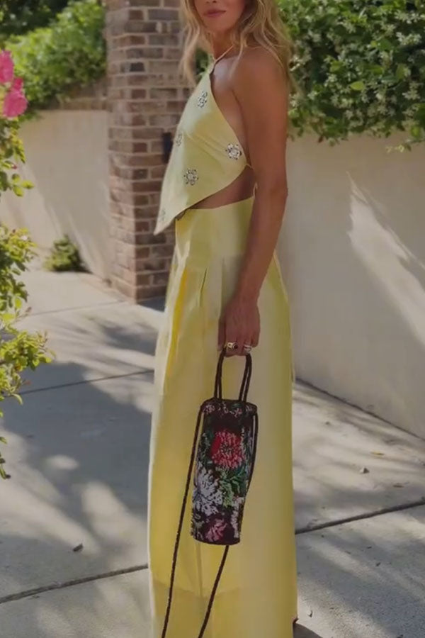 Jamie Satin Sparkling Flowers Halter Backless Tank and High Rise Pocket Wide Leg Pants Set