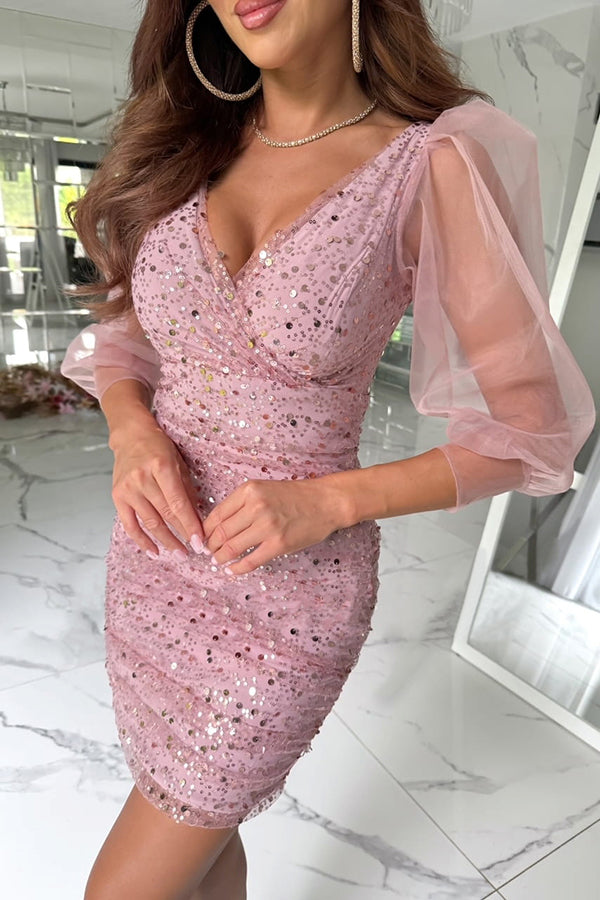 Lost in Your Eyes Mesh Sequin Balloon Sleeve Ruched Stretch Party Mini Dress-consonak