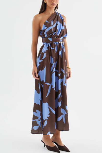 Unique Printed One-Shoulder Belt Casual Holiday Maxi Dress
