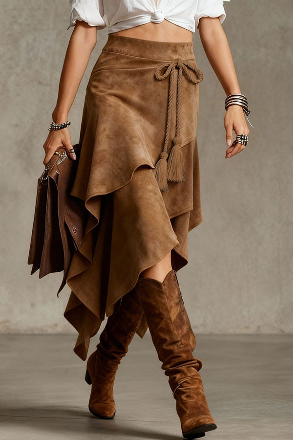 Fashionable Irregular Tie-up Tassel Embellishment Casual Midi Skirt-consonak