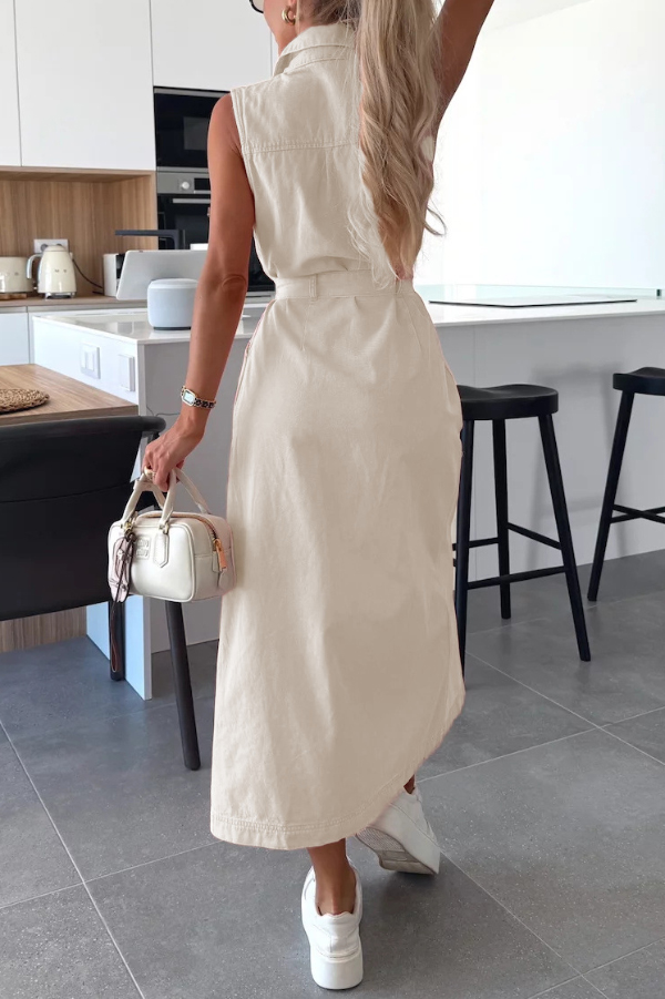 Solid Color Sleeveless Single Breasted Waist Tie Casual Pocket Denim Midi Dress | Consonak