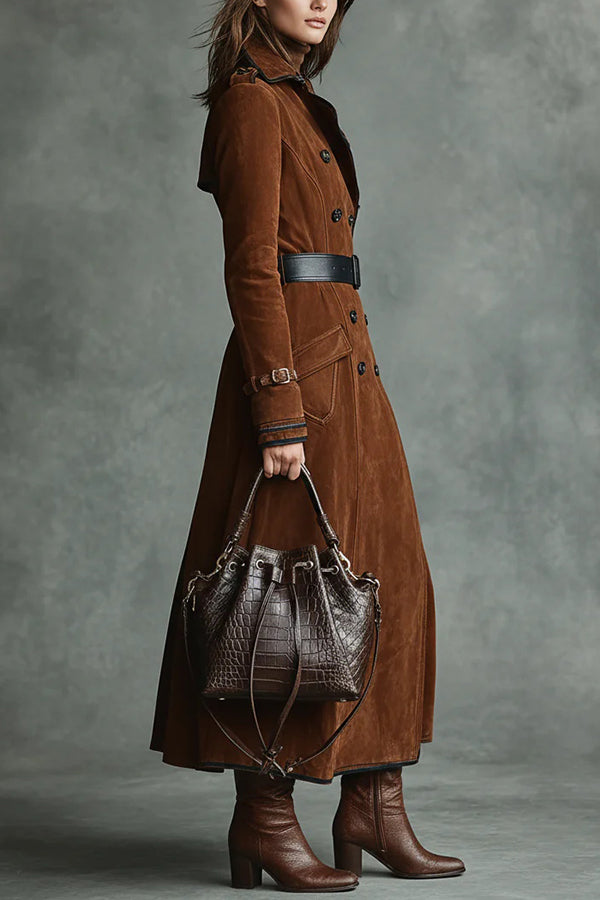 Stylish Suede Lapel Button Casual Pocket Long Trench Coat | Consonak