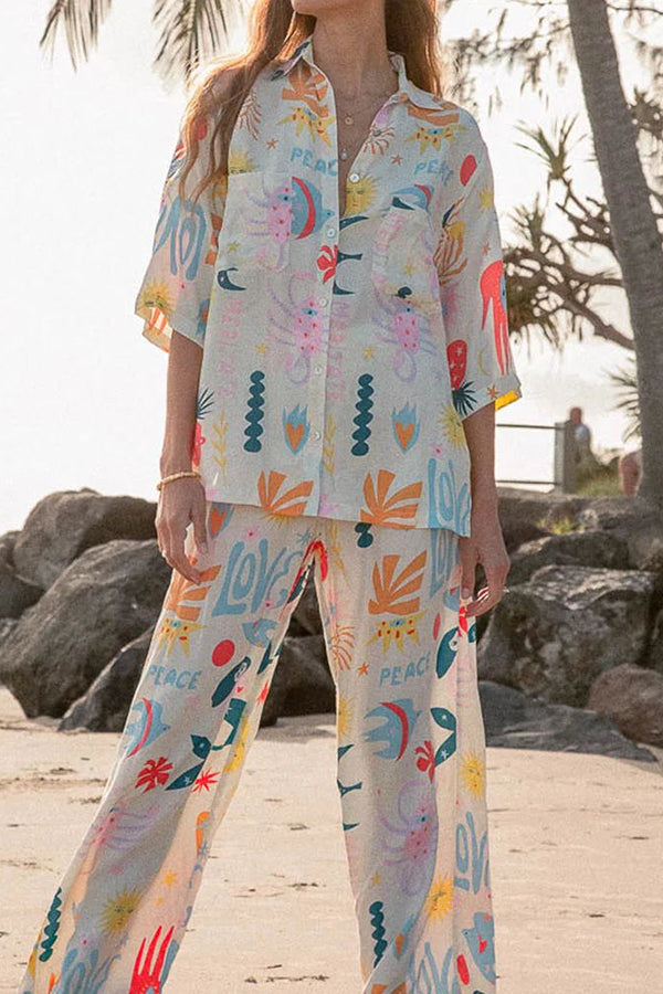 Abstract Sea Creature Print Button Pockets Elastic Waist Pant Suit-consonak