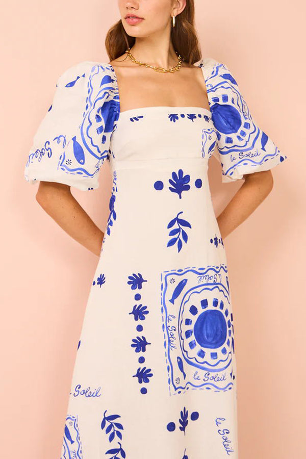 Sherbert Linen Blend Unique Print Square Neck Bubble Sleeve Maxi Dress | Consonak