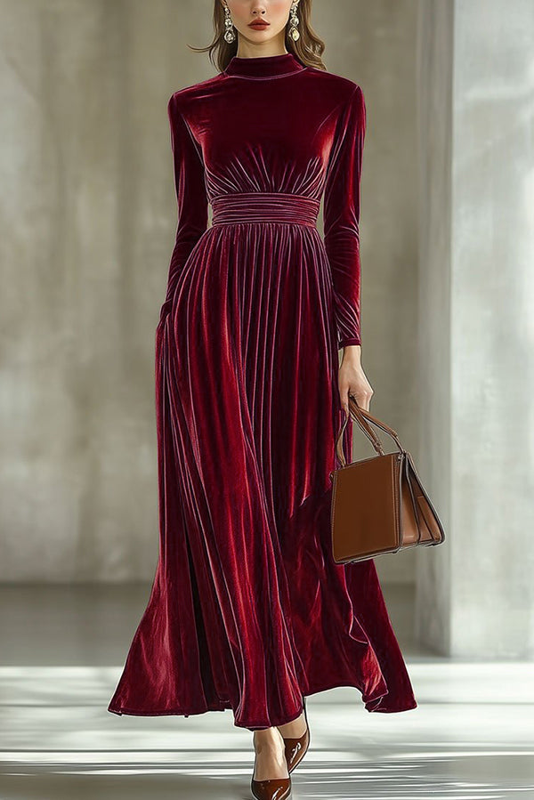 Solid Color Velvet Long-sleeved High-waisted Elegant Maxi Dress-consonak