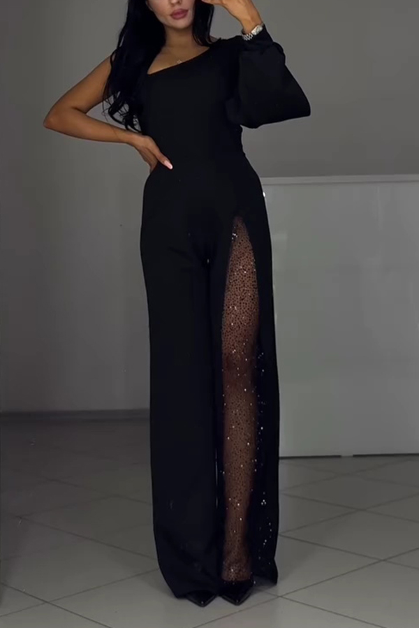 Fashionable Oblique Shoulder One-sleeve Sexy High Slit Slim Jumpsuit-consonak