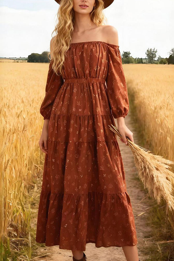 Unique Print Off-Shoulder Long-Sleeved Loose Midi Dress-consonak