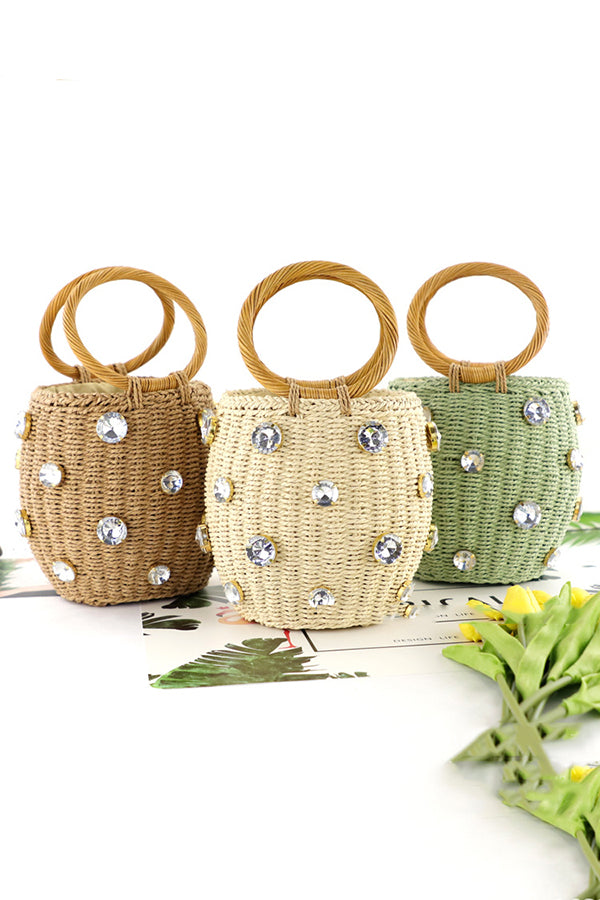 Fashionable Imitation Rhinestone Embellished Casual Barrel Rattan Bag-consonak