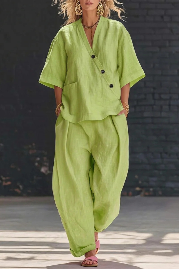 Linen Blend Solid Color V-neck Short-sleeved Loose Top and Elastic Waist Pocket Casual Pants Set