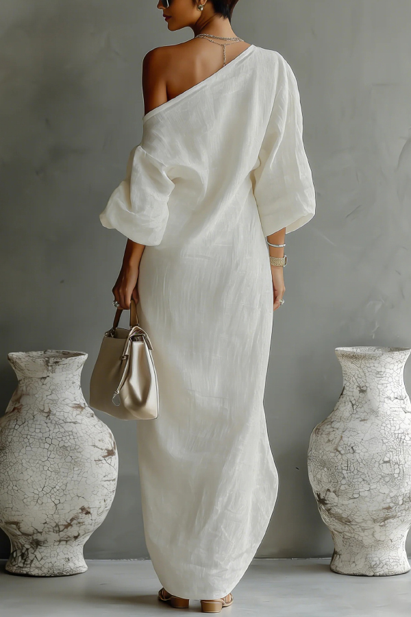 Linen Blend Loose-fitting Slanted Neck Lantern Sleeve Casual Maxi Dres