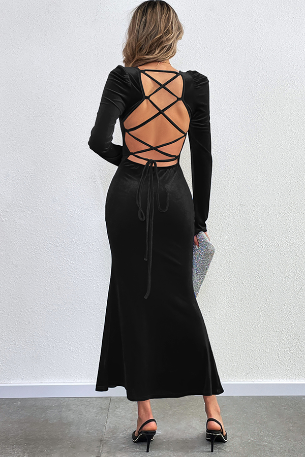 Velvet Long-sleeved Sexy Backless Slim Fit Fishtail Maxi Dress-consonak