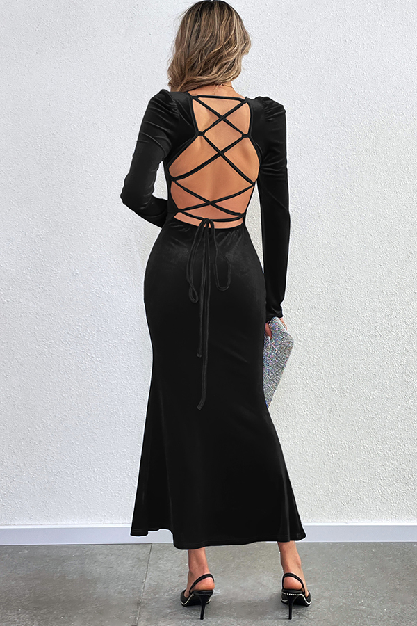 Velvet Long-sleeved Sexy Backless Slim Fit Fishtail Maxi Dress-consonak