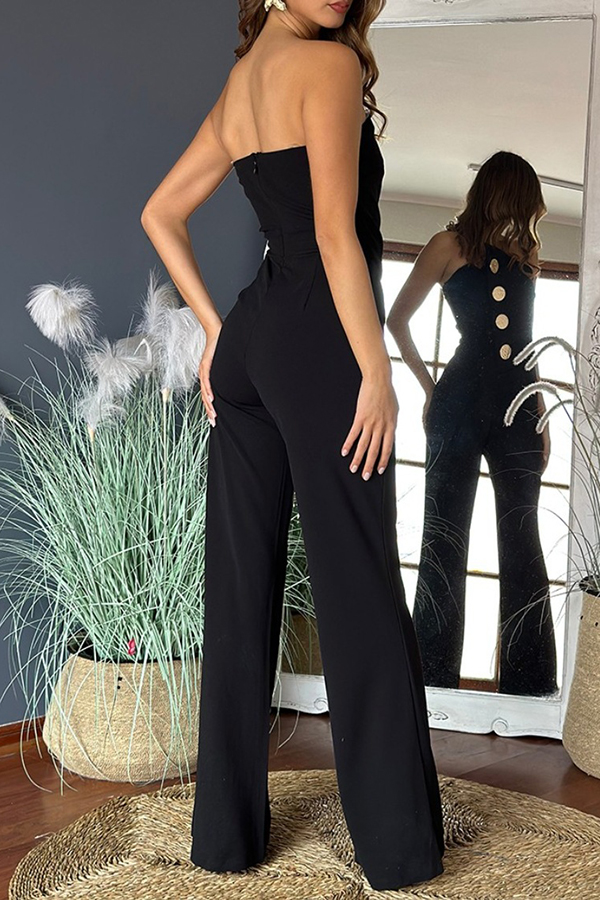 Solid Color Sexy Tube Top Gold Button Embellished Bootcut Jumpsuit-consonak