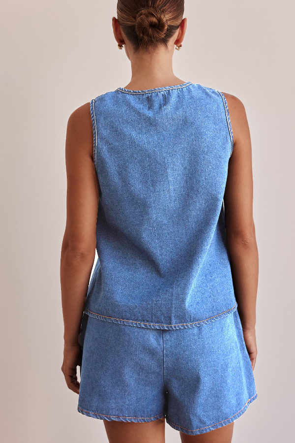 Stylish Elastic Waist Drawstring Pocket Casual Loose Denim Shorts