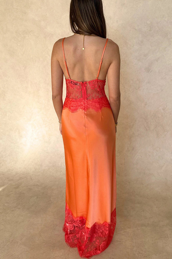 Fashionable Satin Lace Patchwork Sheer V-neck Elegant Slim-fit Maxi Dress | Consonak