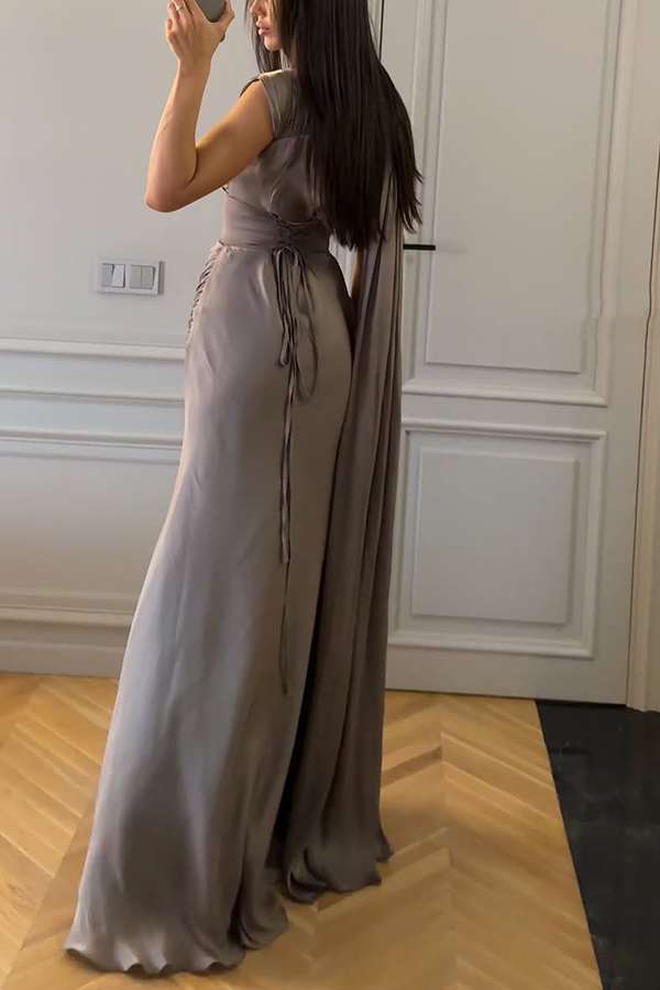 Solid Color Satin Sleeveless Waist Elegant Pleated Ribbon Maxi Dress-consonak