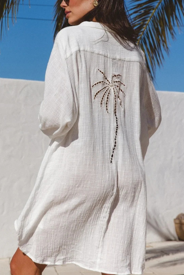 Solid Color Loose Long-sleeved Hollowed-out Long Cover-up Shirt-consonak