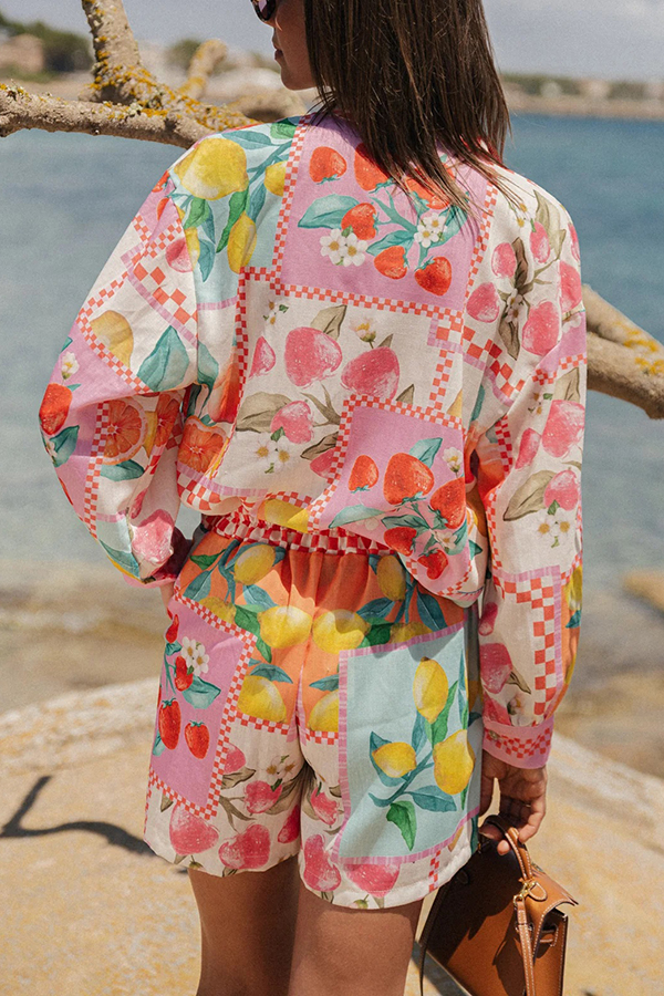 Leisurely Outings Summer Fruit Print Loose Long Sleeve Shirt and Elastic Waist Pocket Shorts Set-consonak