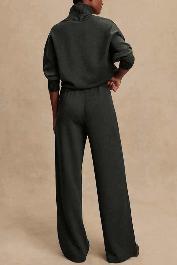 Barker High-Neck Long Sleeve Side Zipper Sweatshirt and Elastic Waist Pocketed Loose Pants Set-Consonak