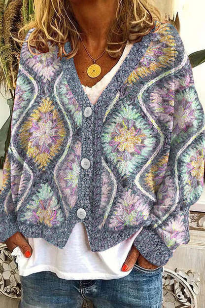 Knitted Long Sleeved Cardigan with Fun Printed Buttons-consonak
