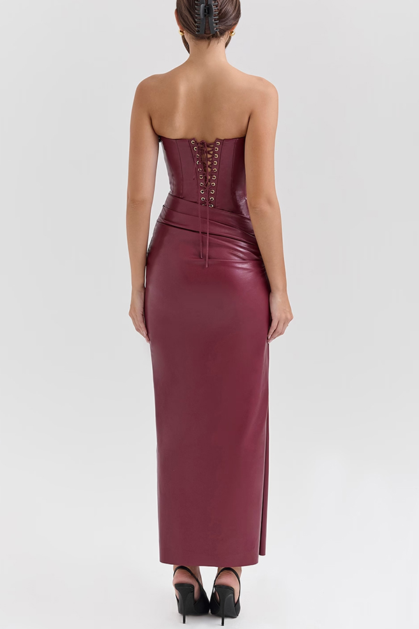 Charm Redefined Faux Leather Off Shoulder Back Lace-up Stretch Maxi Dress-consonak