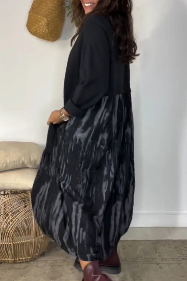 Fashionable Tie-dye Patchwork Round Neck Long Sleeve Pocket Loose Maxi Dress