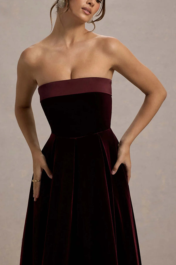 Center of Attention Velvet Satin Neck Bandeau Pleated Midi Dress-consonak