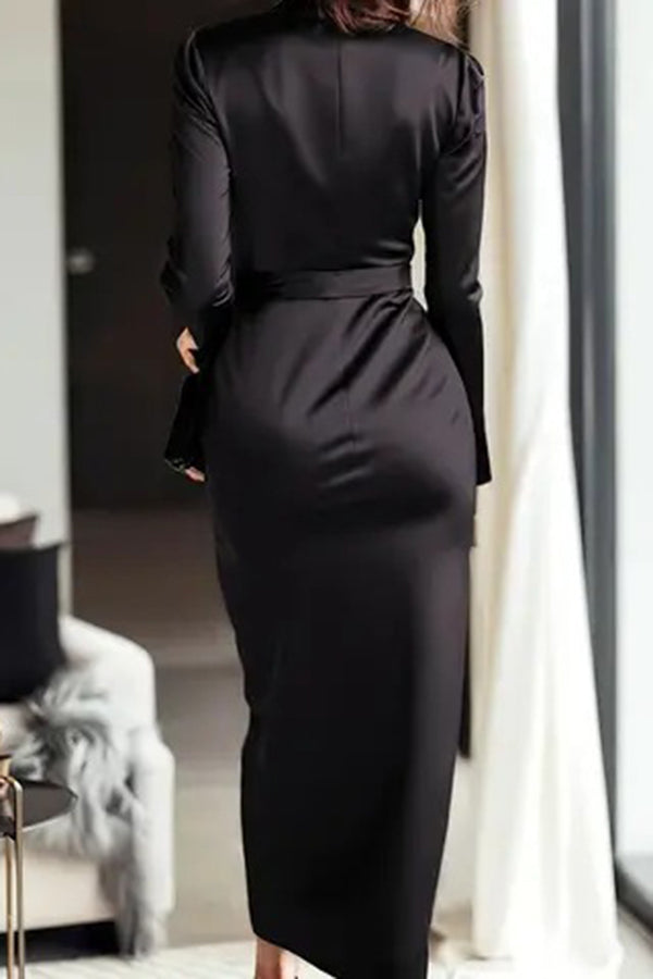 Solid Color Satin V-neck Long Sleeve Waist Tie Slim Midi Dress | Consonak