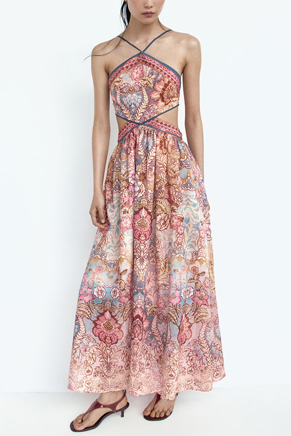 Casie Colorful Floral Print Dress Cutout Waist Back Lace-up Halter Maxi Dress-consonak