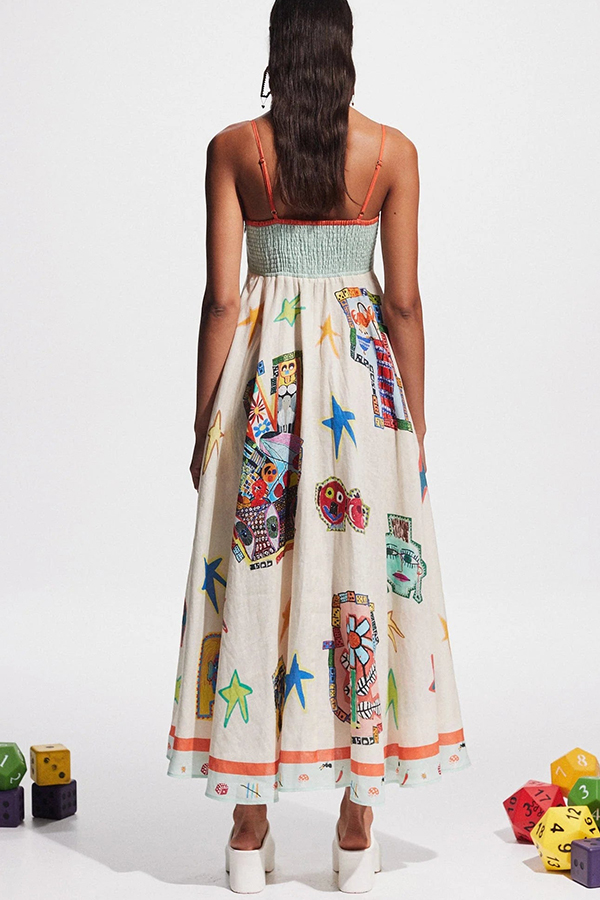 Miami Happy Hour Linen Blend Unique Print Smocked Back Pocketed Midi Dress-consonak