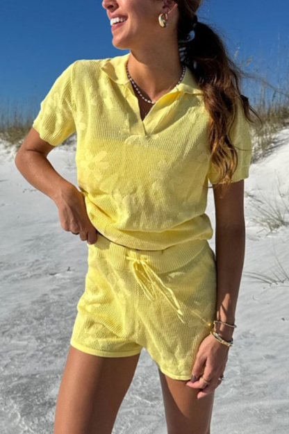 Solid Color Loose Short-sleeved Openwork Top and Elastic Waist Casual Knit Shorts Cover-up Set-consonak