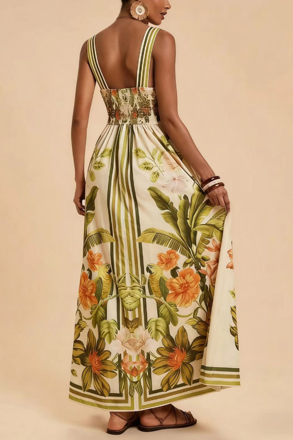 Botanical Print V-neck Backless Pleated Casual Vacation Maxi Dress