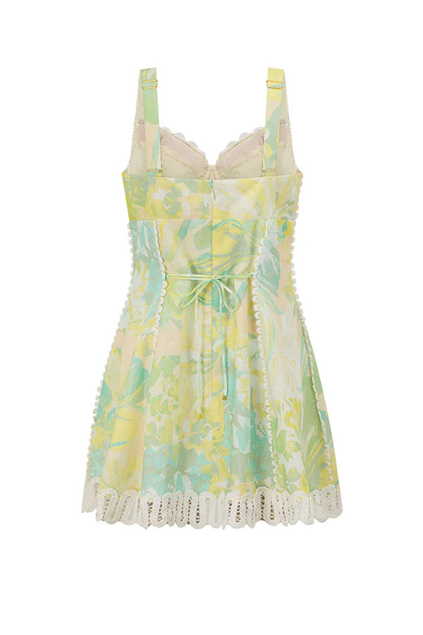 Stelle Linen Blend Floral Print Crochet Zig Zag Trim Back Lace-up Mini Dress | Consonak