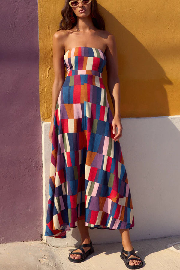 Retro Chic Linen Blend Colorful Color Block Strapless Back Smocked Midi Dress | Consonak
