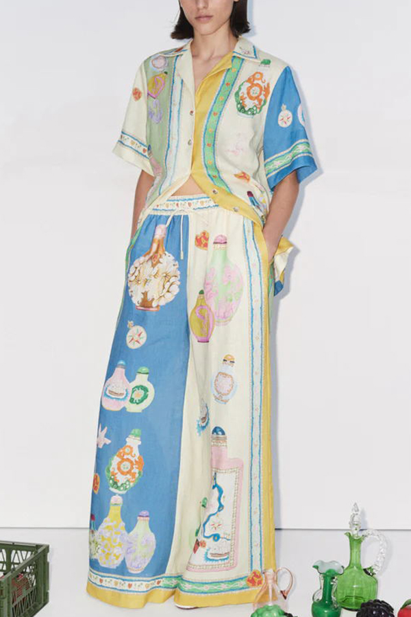 Creating Memories Linen Blend Unique Print Elastic Waist Pocket Wide Leg Pants-consonak