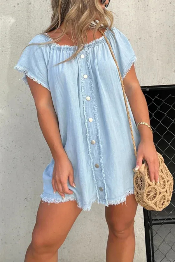 Fashionable Off Shoulder Short-sleeved Loose Denim Mini Dress-consonak
