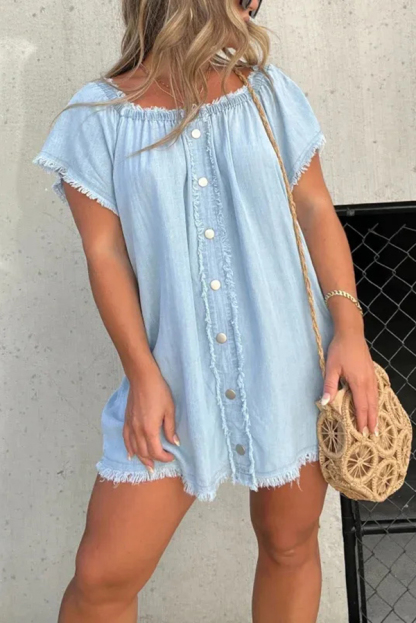 Fashionable Off Shoulder Short-sleeved Loose Denim Mini Dress-consonak