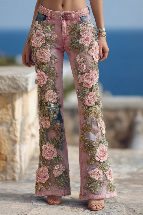 Floral Printed High-waisted Pocket Casual Flared Jeans | Consonak
