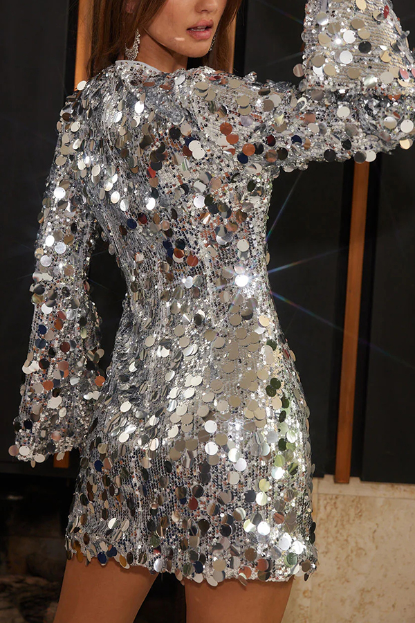 Fashionable and Dazzling Large Sequins Long Bell Sleeve H-line Mini Dress | Consonak