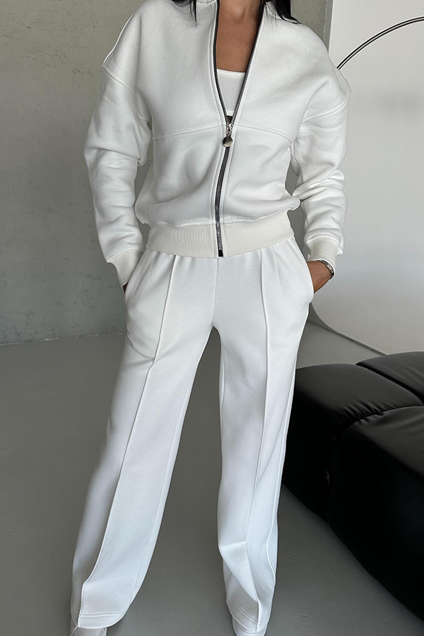 Solid Color Casual Long Sleeve Zipper Jacket and Elastic Waist Pocket Wide Leg Pants Set-consonak