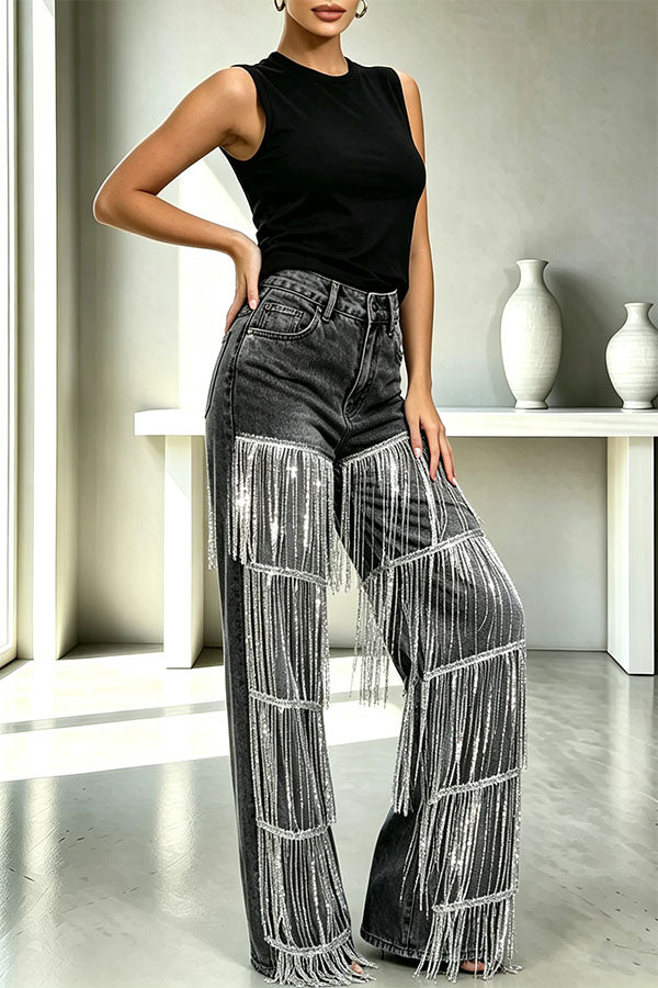 Nightclub Style Denim Metallic Tassel High Rise Pocket Wide Leg Jeans-Consonak