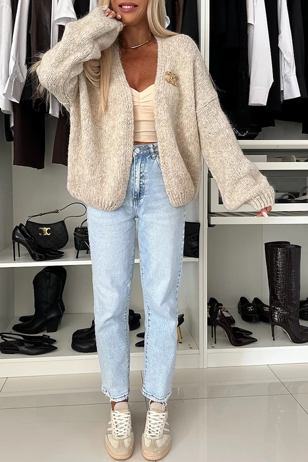 Explore Autumn Knit Open Front Long Balloon Sleeve Loose Cardigan-consonak