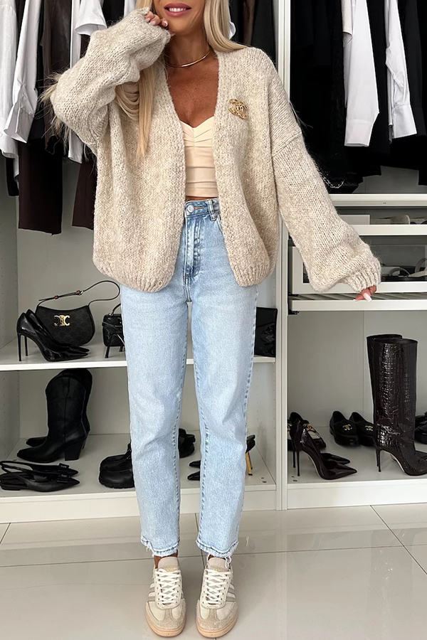 Explore Autumn Knit Open Front Long Balloon Sleeve Loose Cardigan-consonak