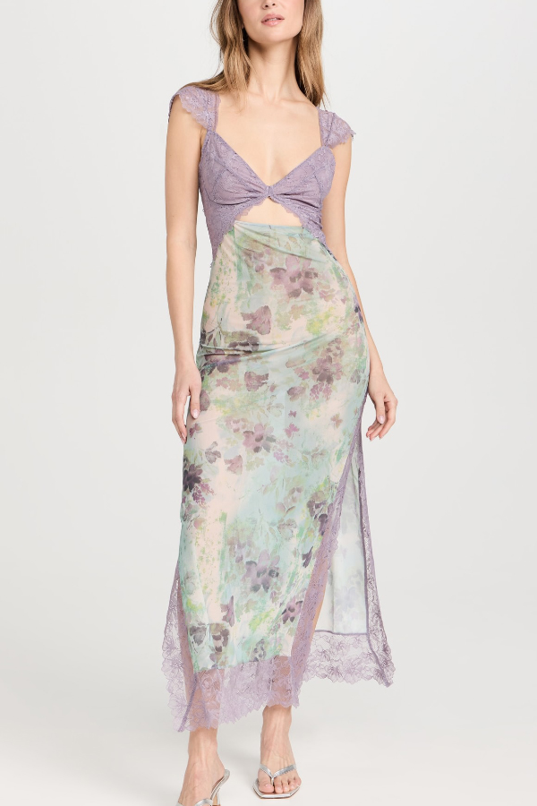 Floral Print Lace Patchwork Hollow-out Slim-fit Midi Dress-consonak