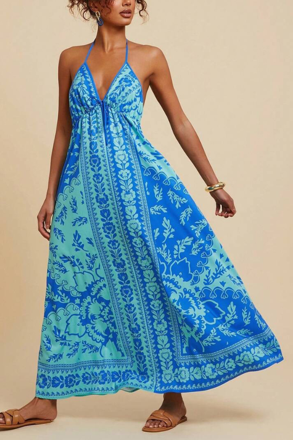 Unique Printed V-neck Backless Casual Vacation Maxi Dress